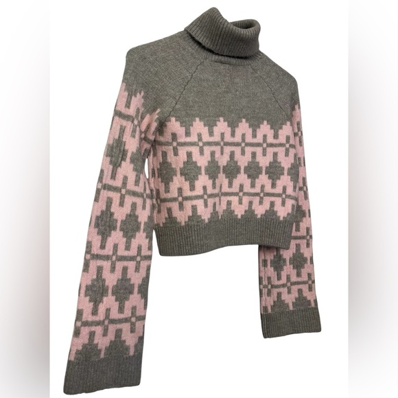 H & M Jacquard-Knit Turtleneck Cropped Sweater Pink Gray Patterned Women's Sz XS - Picture 7 of 9